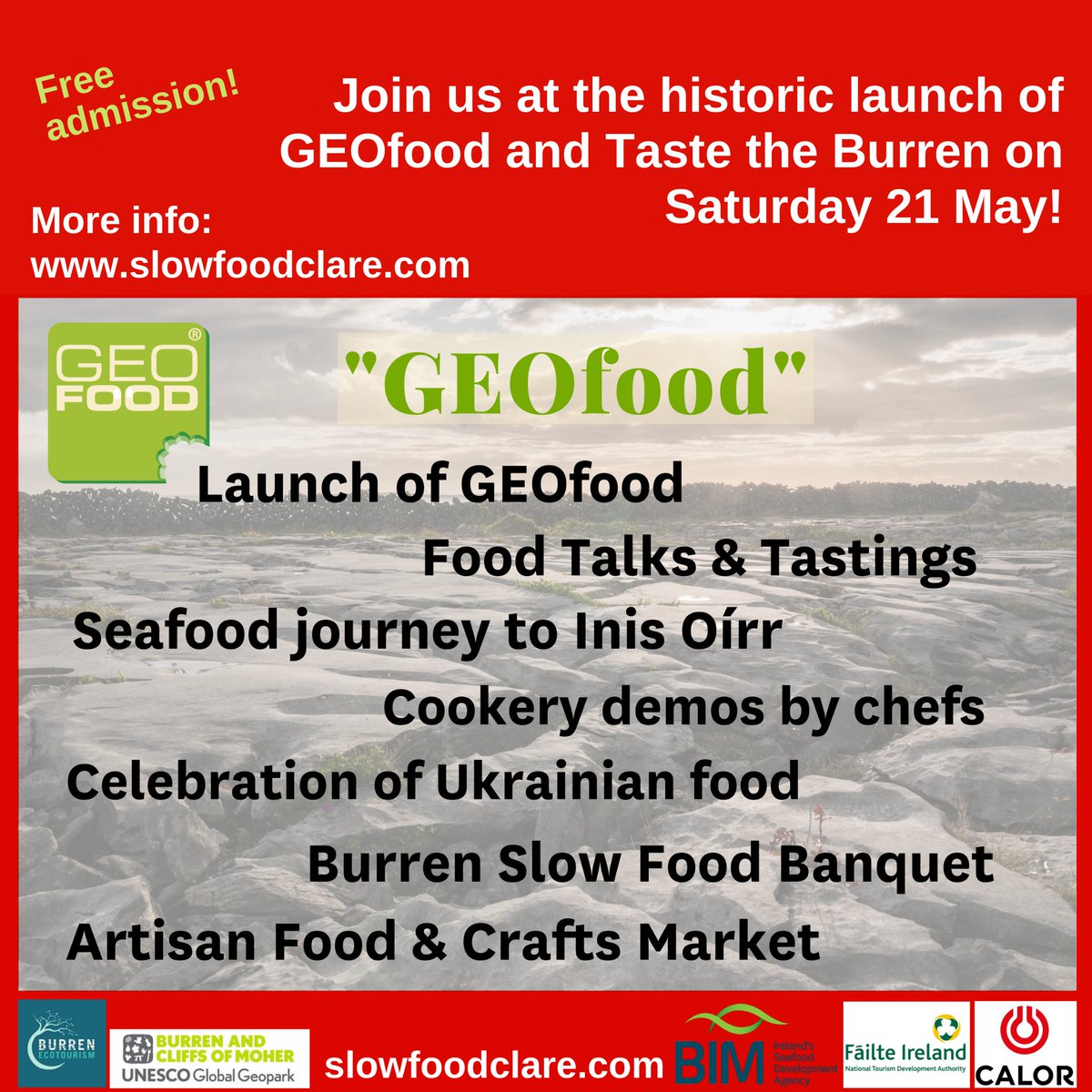 slowfoodclare's tweet photo. Starting this Friday with Sat launch of #GEOfood! Sunday: Ukrainian #cookerydemos.
https://t.co/9OaVNOpvHf
#BurrenSlowFoodFestival 20-22 May #foodfestival #TasteTheBurren @visitBurren @SlowfoodIreland @burrengeopark @calorireland @burrensalmon @magmageopark https://t.co/qhDibBDPid