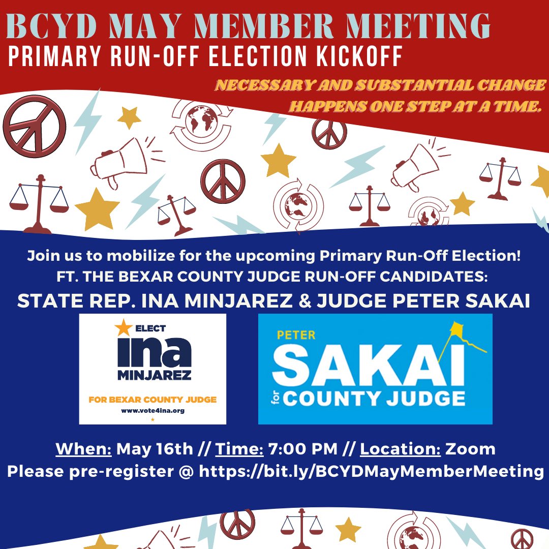 BexarYD's tweet photo. Hey members! Come on out to our virtual May meeting, where we will be hearing from the two candidates for Bexar County Judge, @vote4ina and @JudgePeterSakai. Can’t wait to see you there! 

#candidateforum
#BexarCountyJudge
#VoteBlueIn2022
#BCYDMeeting https://t.co/odBXxK4WYL