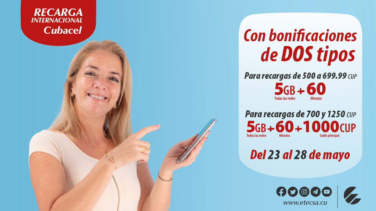 EtecsaServicios's tweet photo. 🥁 #Promoción de RECARGA Internacional del 23 al 28/5.
Según el monto de la recarga recibida es la bonificación:
➡️ Entre 500 y 699.99 CUP 👉 bono de 5GB(todas las redes)+60MIN
➡️ Entre 700 y 1250 CUP 👉 bono de 5GB(todas las redes)+60MIN+1000CUP de saldo principal adicional https://t.co/Q289VeXOHv