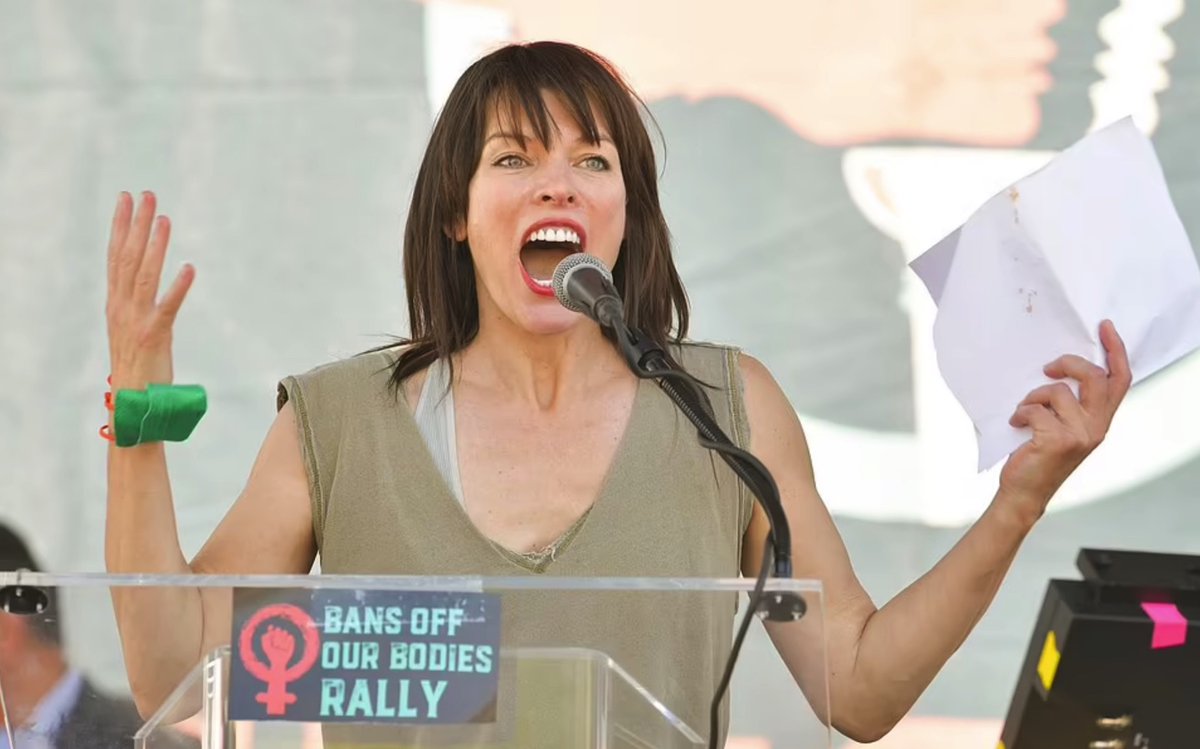 MillaJdotcom's tweet photo. Milla spoke at the Roe v Wade protest at Los Angeles City Hall protest this weekend. See Milla's full speech here: https://t.co/zmDlgPBQz1 #millajovovich #RoeVWade #RoeVWadeprotest https://t.co/FRBu5yF9rk
