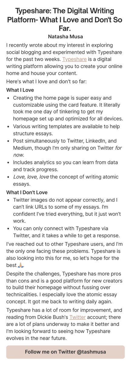tashmusa's tweet image. Typeshare: The Digital Writing Platform- What I Love and Don't So Far. 

#writing #writingplatform #socialblogging #atomicessays #typeshare