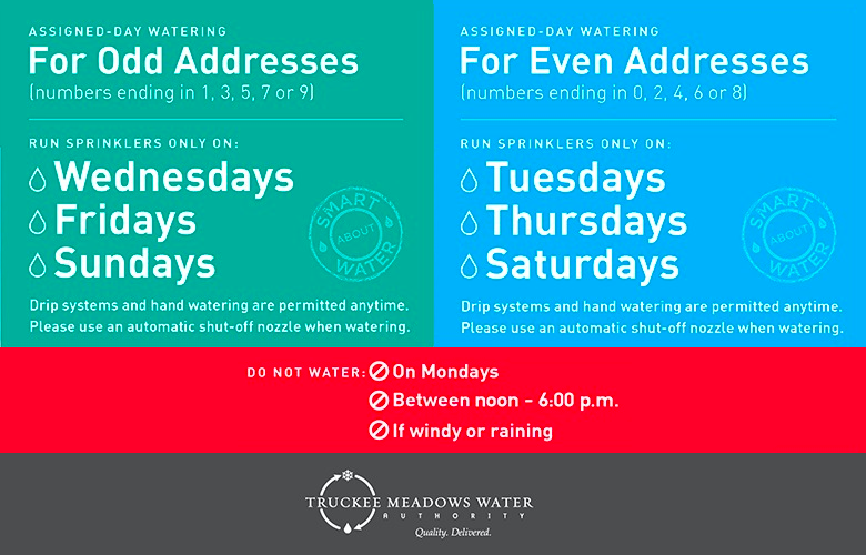 TMWA's tweet photo. Do you know your watering days? Odd address = Wed, Fri, Sun; Even address = Tue, Thur, Sat. Please do not water between noon and 6pm. Learn more at https://t.co/eV4KrpB80I. Thanks for doing your part! https://t.co/WUQHtfstbg