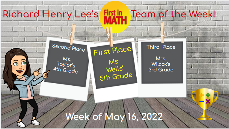 RHLeeMath's tweet photo. Congratulations to our top three teams of the week and our top three students for the week of May 16th! Keep up the great work!! 
@RHLeeESAACPS @AACPS_PK5Math @FirstInMath https://t.co/azdrzhCGwU