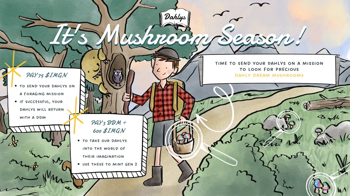 Dreamers, our GAMIFIED STAKING is finally out! Time to forage your mushrooms &amp; keep staking to earn $IMGN 🍄

Link: day-out.dahlys.art

And to celebrate, we are hosting a giveaway of 300 $IMGN 💭

Follow <a href="/DahlysArt/">DAHLYS</a> + <a href="/DahlyDream/">Dahly Dream Academy</a>
❤️+RT this tweet
Tag 4 Friends

⏰48hrs