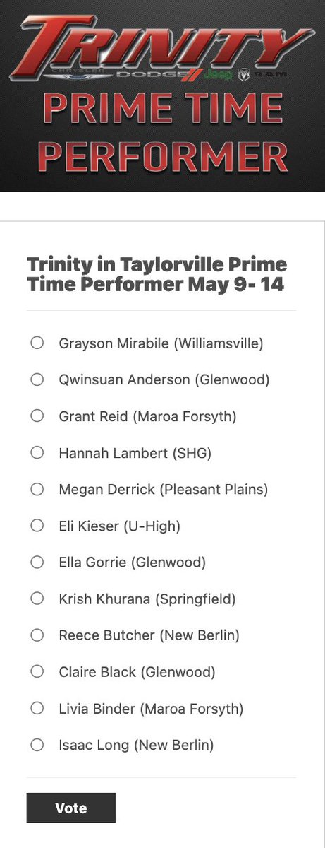 Channel1450com's tweet photo. Sectional Track and Field, Regional Soccer, conference races wrapping up and more on this week's Trinity In Taylorville Prime Time Performer!

You can vote for your favorite nominee every 12 hours on the site until Friday at 5pm -
https://t.co/fSIllonSIF https://t.co/RWovEde8o8