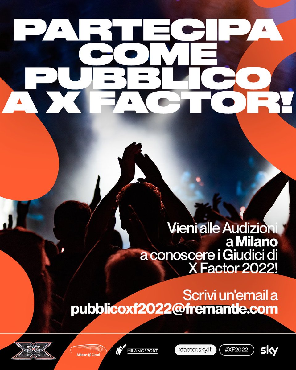 AGmediasrl's tweet photo. giugno 2022: al via la nuova edizione di "X FACTOR" il grande show di Sky e Now! PARTECIPA COME PUBBLICO DAL VIVO A #MILANO e vieni a incontrare i giudici e gli aspiranti concorrenti alle registrazioni delle audizioni!

SCRIVI UNA EMAIL A:
pubblicoxf2022@fremantle.com 

#XF2022 https://t.co/ad6QU4CqMc