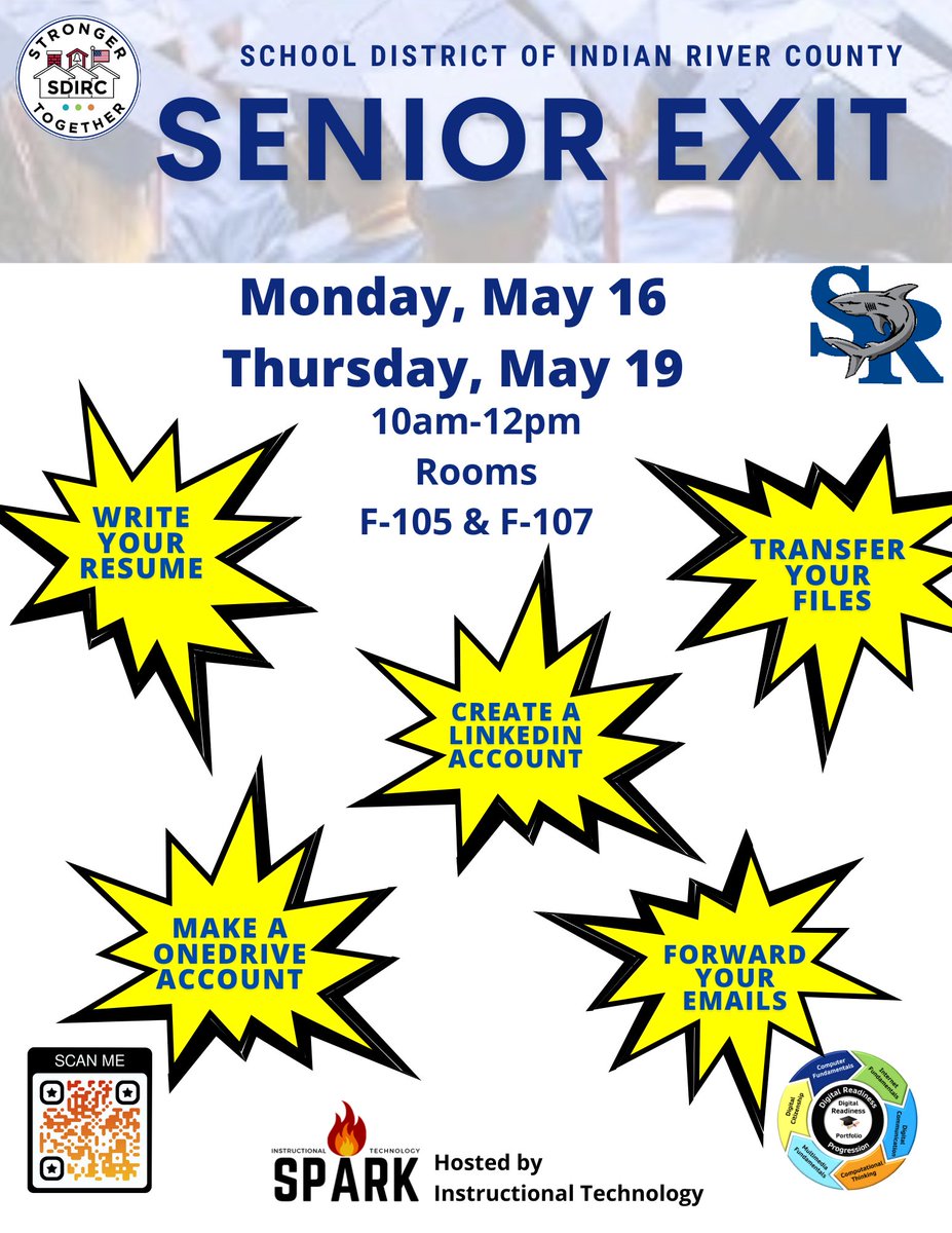 MySpark_Sdirc's tweet image. Good morning @VBHSNation and @SRHS_SHARKS🎓Seniors🎓! Senior Technology Exit is happening THIS WEEK! 😊 #SDIRCStrongerTogether #SPARK_IT 
indianriver.instructure.com/.../pages/seni…