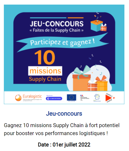 A l’occasion du #colloque "Faites de la Supply Chain", Supply Chain + et ses partenaires ont le plaisir de vous offrir 10 missions #SupplyChain.
Pour découvrir les lots et tenter votre chance, il suffit de vous inscrire à l’aide du formulaire spécifique:
label-supplychain-plus.com/evenements/