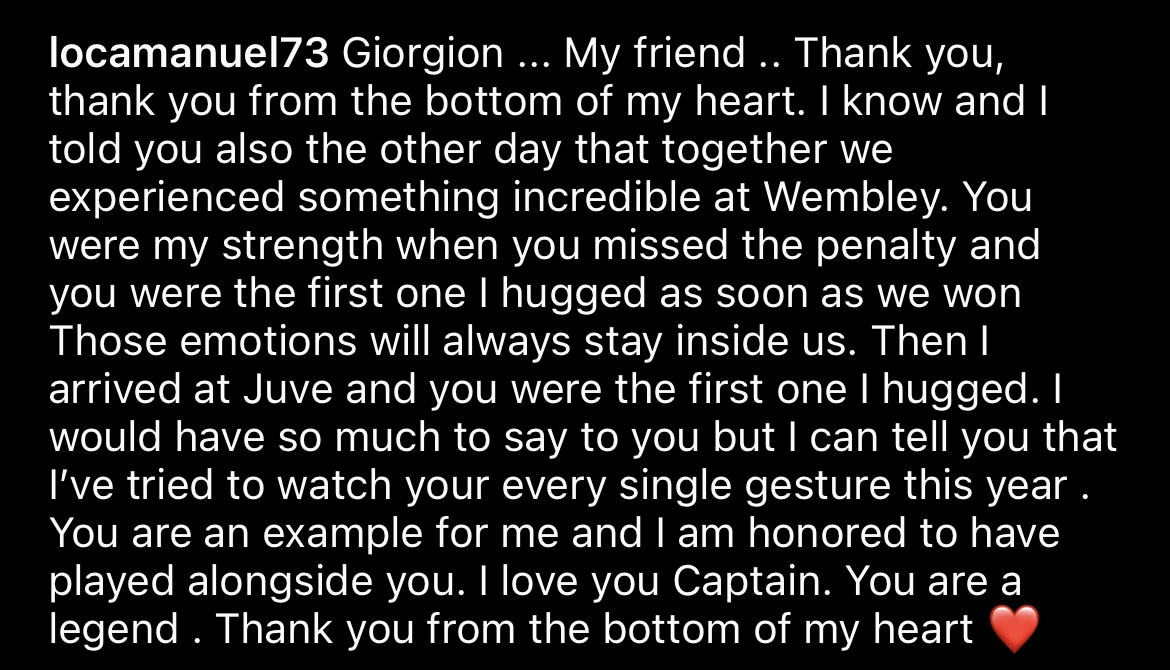 juvefcdotcom's tweet photo. Locatelli farewell message to Chiellini on Instagram 🤍🖤 https://t.co/Wt6IGUF0r8