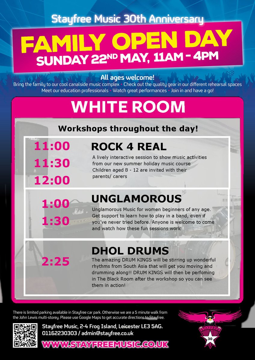 StayFreeMusicUK's tweet photo. Here's the list of events happening in The White Room on our Free Open Day on 22nd May.
Kids can experience our new summer school ROCK4REAL
Ladies why not try out being in a garage band with Unglamorous
Tru South Asian Dhol drumming with the amazing Drum Kings
#Leicester #OpenDay https://t.co/F8oZvHAdIo