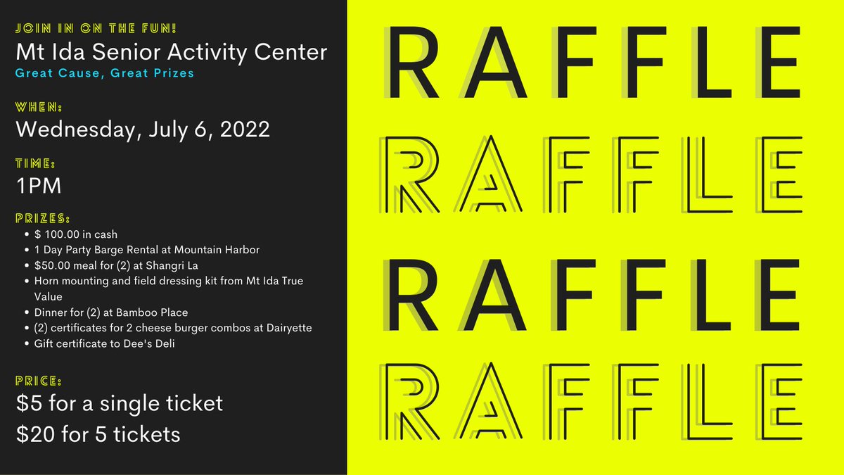 CADCMedia's tweet photo. #SupportYourSeniors! Our Mt. Ida Senior Activity Center will be doing a raffle July 6th! There are some great prizes to win, so don't miss out and get your tickets! If you have any questions, contact the center at (870) 867-2313! 😁#CentralArkansasDevelopmentCouncil #SeniorCenter https://t.co/mLrASELSjJ
