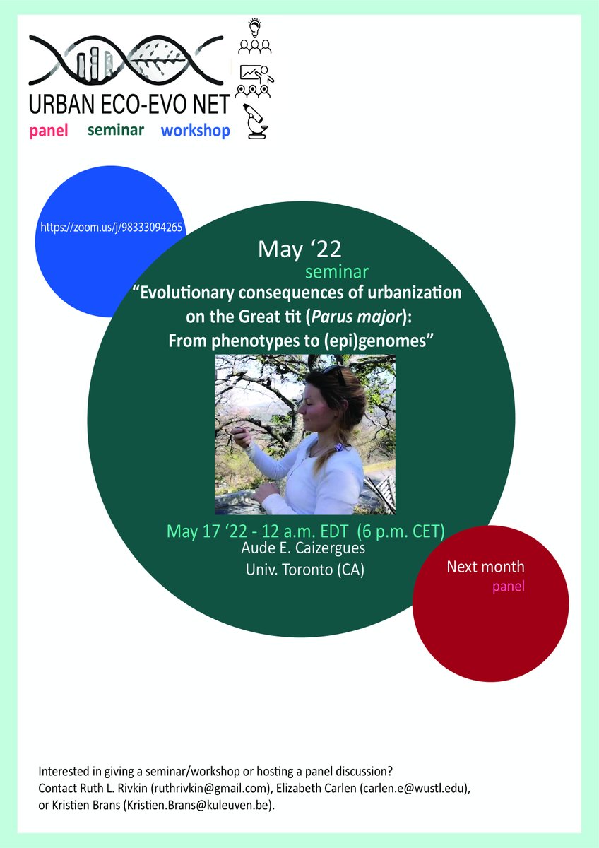 Kristien I. Brans (@kristienbrans) on Twitter photo Join the RCN urban eco-evo network tomorrow for their seminar and workshop series! This month <a href="/CaizerguesAude/">Aude Caizergues</a> will talk about her work on evolution and epigenetics in urban great tits! <a href="/ma003/">Marina Alberti</a> <a href="/E_Carlen/">Dr. Elizabeth Carlen</a> @ruth_rivkin (zoom link via dm available) Join the RCN urban eco-evo network tomorrow for their seminar and workshop series! This month <a href="/CaizerguesAude/">Aude Caizergues</a> will talk about her work on evolution and epigenetics in urban great tits! <a href="/ma003/">Marina Alberti</a> <a href="/E_Carlen/">Dr. Elizabeth Carlen</a> @ruth_rivkin (zoom link via dm available)