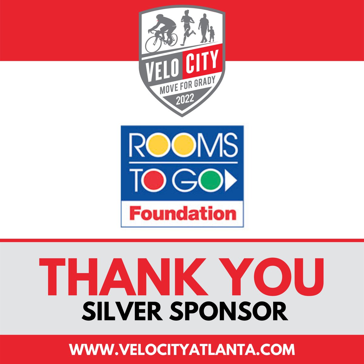 MoveForGrady's tweet image. We are so incredibly grateful for the support of @RoomsToGo for VeloCity 2022 and Grady. It’s thanks to sponsors and supporters like you that we are able to continue in our mission of providing world-class, compassionate care to all of our community. #MoveForGrady