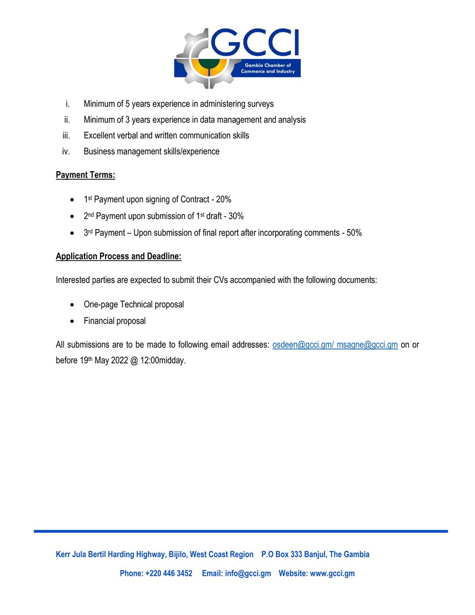 We are looking for a consultant/surveyor to provide survey services for the Best Customer Service Provider (Banks and Cellular) for the GCCI Business Awards:

For full TOR click this link 🔗  rebrand.ly/srvb

Deadline for submissions: 19th May 2022 at 12:00 midday.