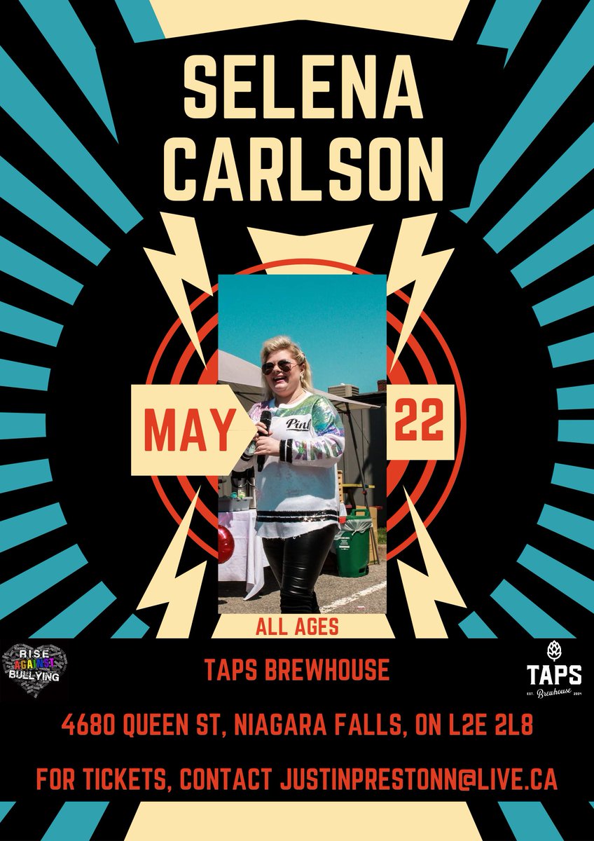 JUSTIN PRESTON (@justinprestonn) on Twitter photo #RiseAgainstBullying Showcase!
We have #SelenaCarlson singing LIVE <a href="/Tapsbrewhouse/">Taps Brewhouse</a> this upcoming Sunday May 22nd, e-transfer your for tickets to justinprestonn@live.ca #RiseAgainstBullying Showcase!
We have #SelenaCarlson singing LIVE <a href="/Tapsbrewhouse/">Taps Brewhouse</a> this upcoming Sunday May 22nd, e-transfer your for tickets to justinprestonn@live.ca