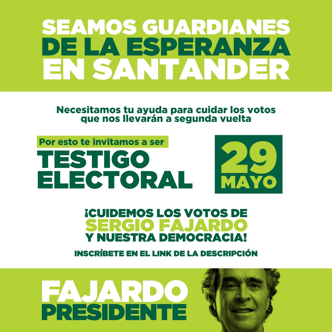 Compromiso_Sant's tweet photo. Este 29 de mayo ¡Triunfaremos! Necesitamos tu apoyo para que cada voto sea respetado, iniciamos el proceso de inscripción de testigos en Santander 🙌🏻. Seamos guardianes de la esperanza, inscríbete en el siguiente link: https://t.co/vEYqIa6Z32 https://t.co/75KH5luv8B