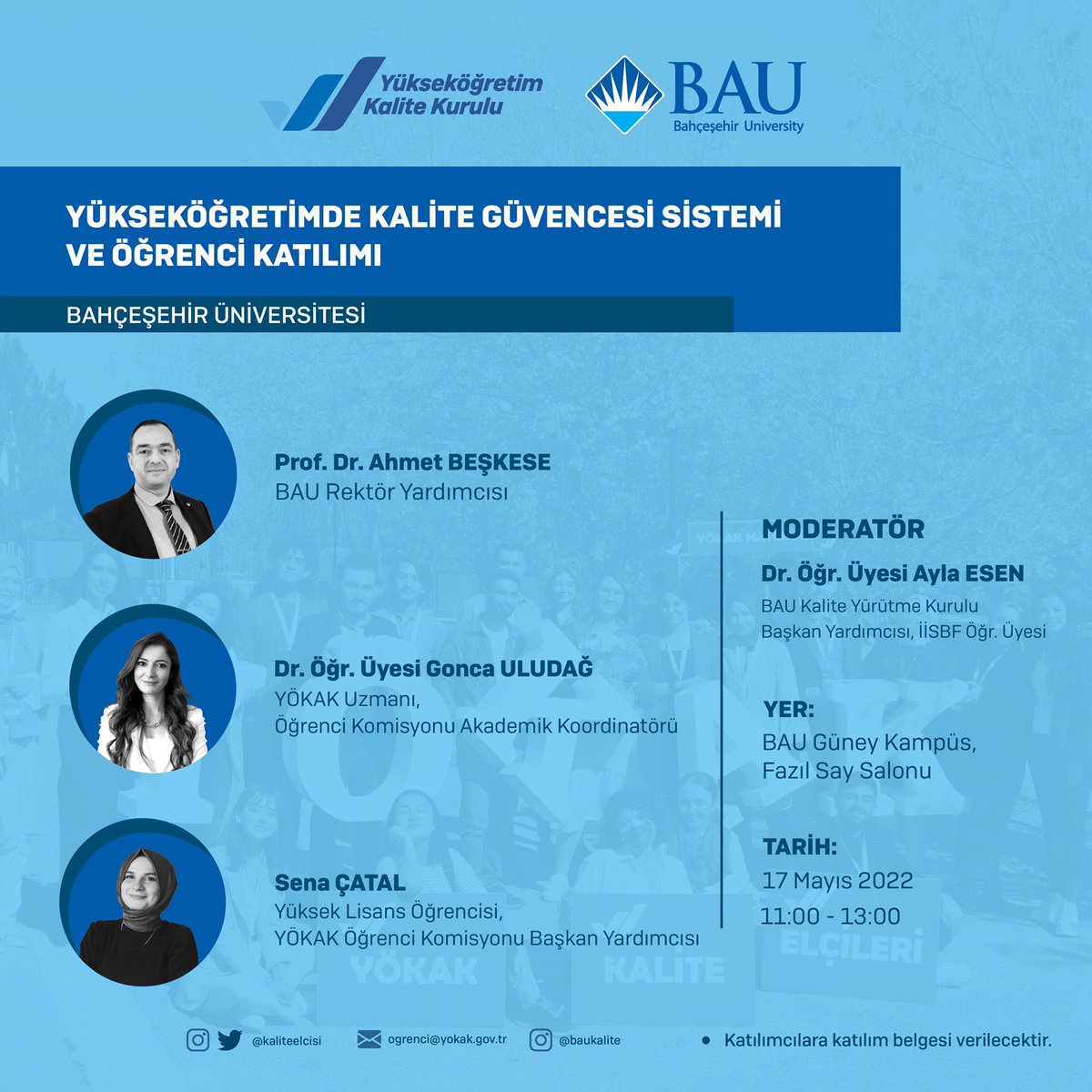 BAU Kalite Yürütme Kurulu ve BAU Kalite Topluluğu olarak sayın Prof. Dr. Ahmet BEŞKESE, Dr. Öğr. Üyesi Ayla ESEN, Dr. Öğr. Üyesi Gonca ULUDAĞ ve Sena ÇATAL'ın katılımıyla gerçekleştireceğimiz seminerimize tüm BAU öğrencileri davetlidir. 
@sirin_karadeniz <a href="/bauogrencidekan/">BAU Öğrenci Dekanlığı</a>