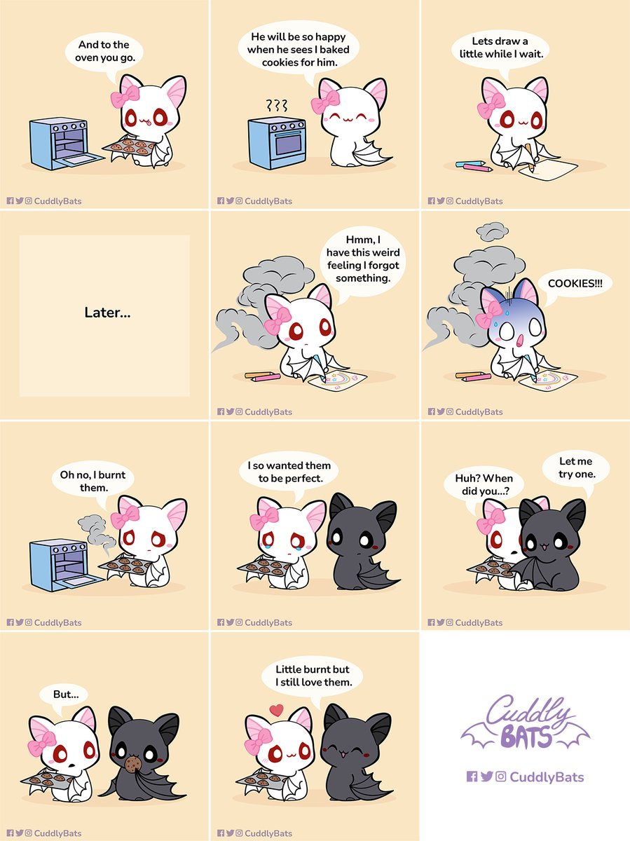 CuddlyBats's tweet photo. Little burnt but still perfect🍪©Cuddly Bats💜 #cuddlybats #cutebat #funnybat #albinobat #batcomic #couplecomic https://t.co/vZ9P8wFoRY