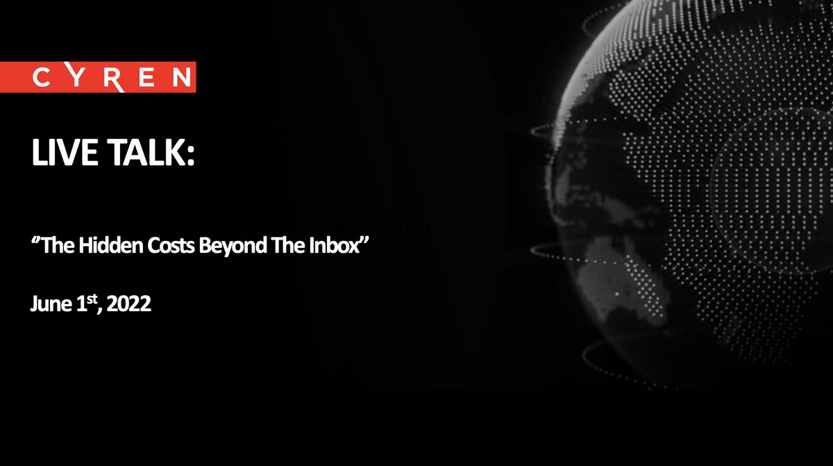 CyrenInc's tweet photo. Join us on June 1st for a live talk titled ''The Hidden Costs Beyond The Inbox'' where we will be discussing email threats for #microsoftoffice365 customers.

June 1st - 11am (PT) I 2pm (ET) I 7pm (BST)
Register Here: https://t.co/TDRTX74puB

#cybersecurity #cyberthreats https://t.co/sG6TUHhhAA