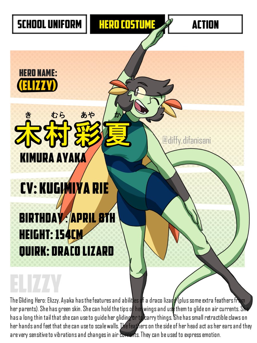 DifaniSani's tweet photo. So I made a My Hero Academia OC. This is The Gliding Hero: Elizzy (also known as Kimura Ayaka)
I’ve been working on her for about a year and she’s gone through many changes in that time. But I like her final design :) 
#MyHeroAcadamia #myheroacademiaoc #bnha #bnhaoc https://t.co/1lm3LG9GS0