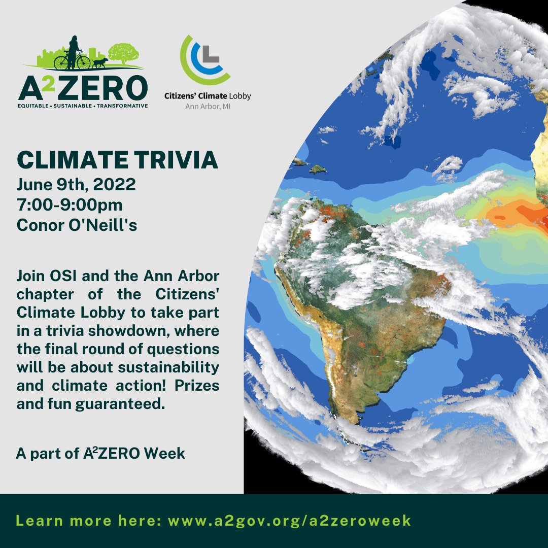 AnnArborCCL's tweet photo. Hey #AnnArbor trivia buffs, best start boning up on your #Climate trivia now if you want to win one of the awesome prizes at the #A2ZeroWeek Climate Trivia night!! We can't wait to see how much you know!
@a2gov @ConorsAnnArbor https://t.co/jD0zZAudFS