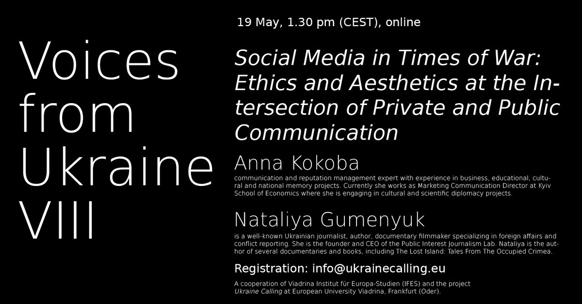 UkraineCalling's tweet photo. How do social media function as an agora under the conditions of war, where societal values and norms are being (re-)negotiated? Join our online discussion on 19 May, 1.30 pm. Registration: https://t.co/ghflWbe6As @viadrina @Viadrina_IFES @kse_ua @DGO_Berlin https://t.co/n8nkBRzr3Y