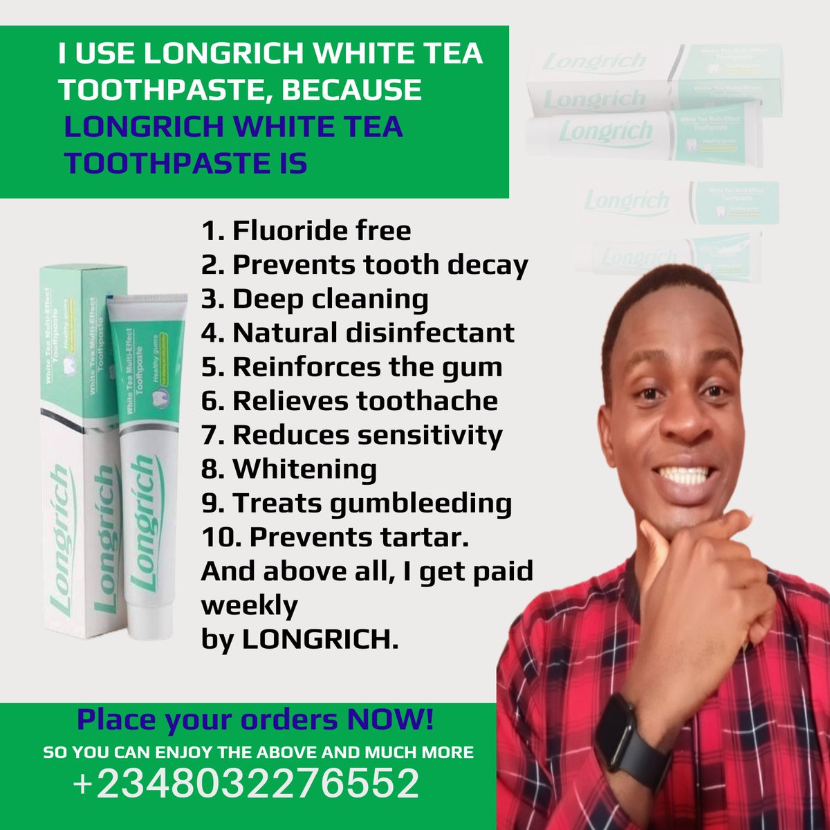 AloveJoshua's tweet image. What brand of toothpaste did you use today?
I use LONGRICH white tea toothpaste, I do so because LONGRICH white tea toothpaste is👇👇👇
Let me hook you up NOW! So you can enjoy the above and much more. 
#spiffymindset 
#longrichproducts #longrichtoothpaste