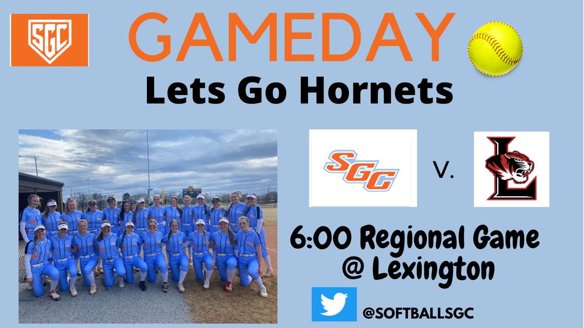 SoftballSgc's tweet photo. Gameday! SGC plays a BIG regional game against Lexington at Lexington.Let’s Go Hornets! 🥎Come out and support your Lady Hornets! 
🗓️May16, 2022 
🎟️ at the gate 
🆚 Lexington 
⏰ 6:00 
📍Eastgate Drive - Lexington, TN https://t.co/gK2LiK8rpm