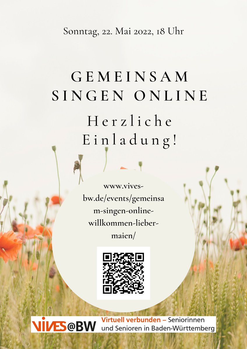 VIVESBW's tweet photo. Herzliche Einladung! Wir singen gemeinsam von Wohnzimmer zu Wohnzimmer mit Herz und Freunde. Jede und jeder ist willkommen!
#senioren #gemeinsamsingen #seniorenonline #gemeinsamgegeneinsamkeit
#zusammenstark #volkslieder #digitalisierung #ältere #teilhabe https://t.co/PwB1pOOk3N