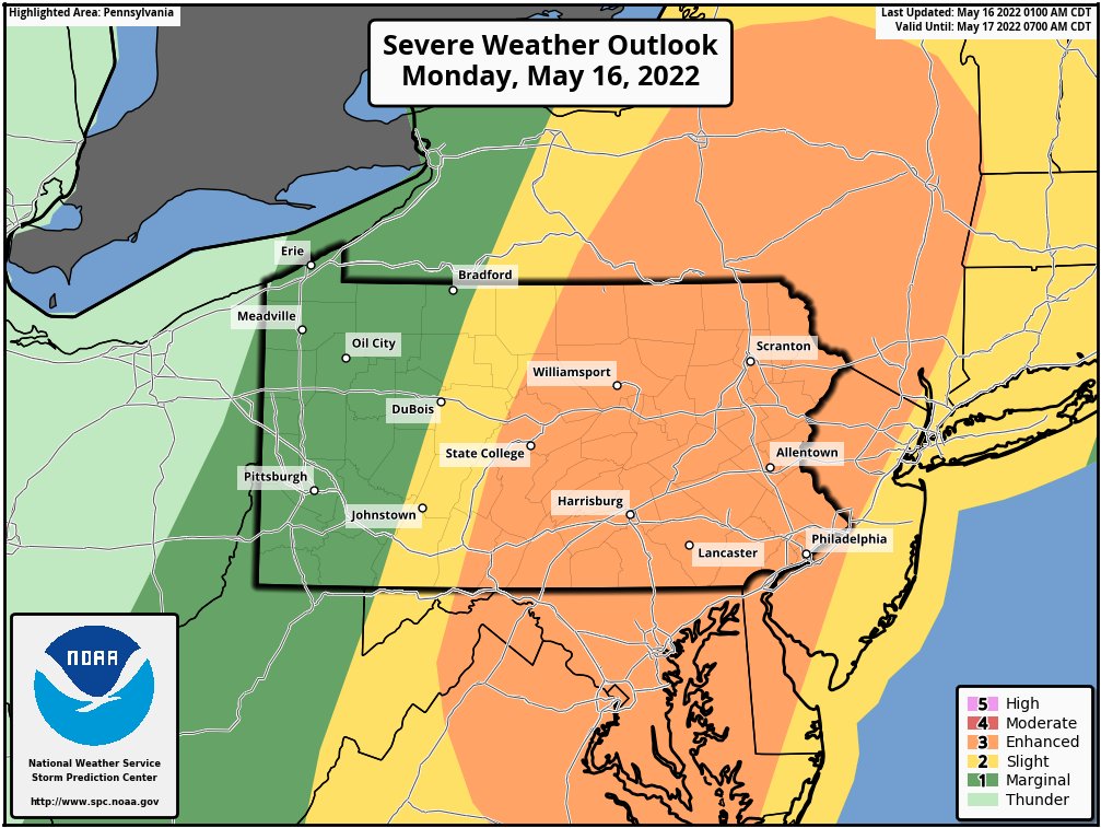 NWSStateCollege's tweet image. Mon - May 16, 2022 @ 7 AM EDT: A potent cold front will push across the region late this morning and this afternoon accompanied by heavy showers and locally severe thunderstorms. #CTPWX #PAWX