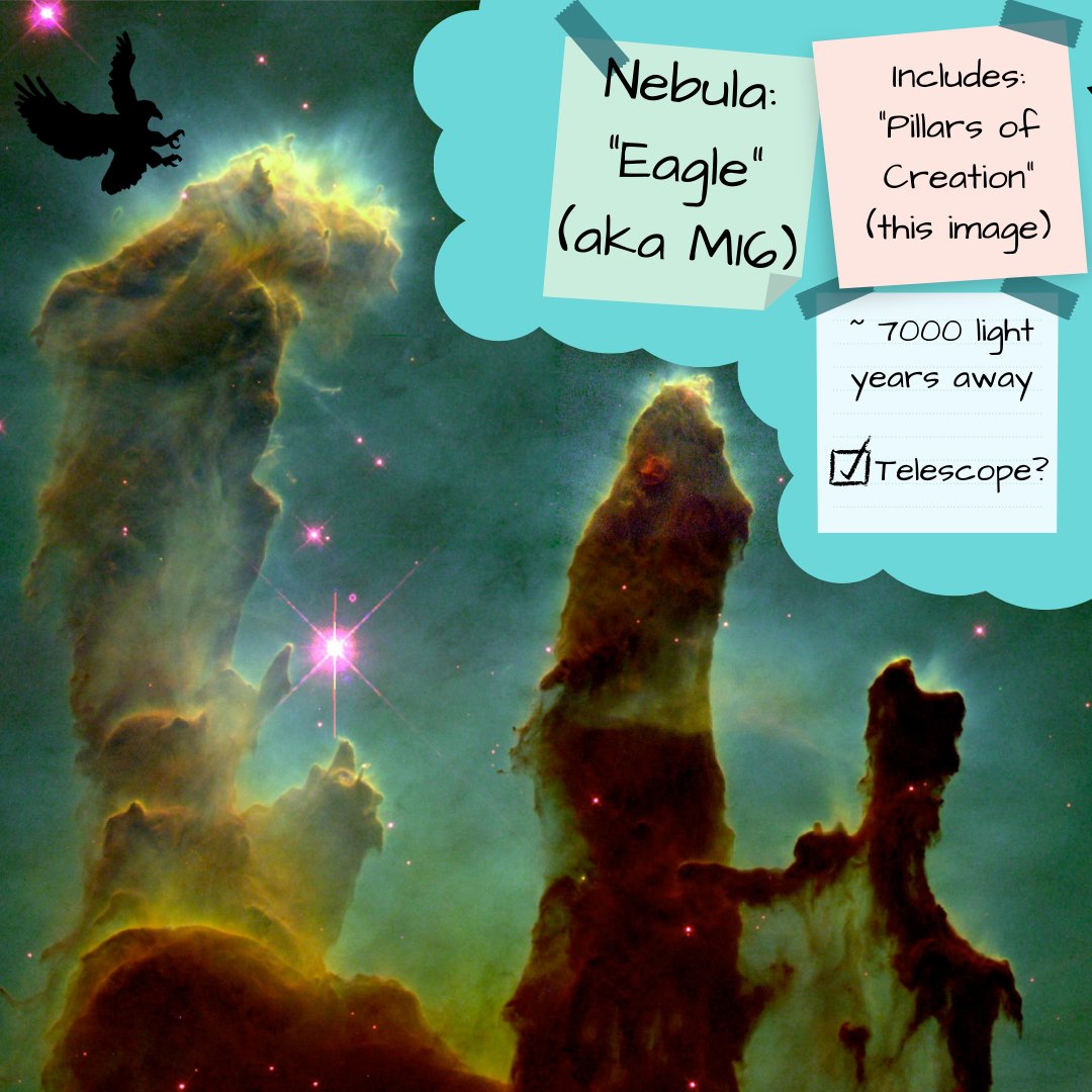 StaibBillie's tweet photo. Today's #canva #galaxy #canvadesignchallenge #themewithinatheme is based on my favorite #celestial objects...#nebulae!
1/3: The #eaglenebula, or #m16. There are lots of great #sitestosee in this #nebula. #pillarsofcreation are featured here! https://t.co/n8grM4xdjq