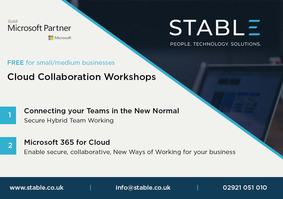 As a Microsoft Gold Partner, we run free 90min workshops that allow you to explore how Microsoft 365 with Microsoft Teams can increase your teams ability to collaborate securely, while increasing productivity and wellbeing.

Register to secure your place: stable.co.uk/microsoftworks…