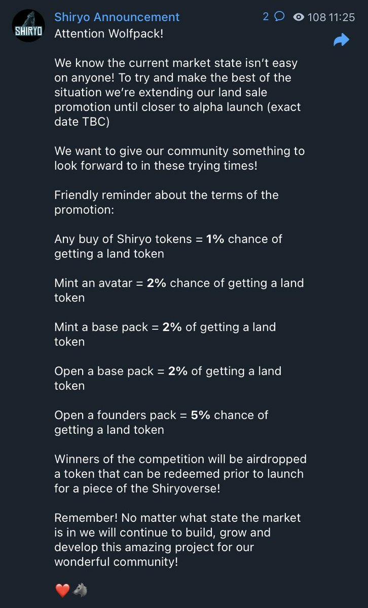 Attention Wolfpack!

We know the current market state isn’t easy on anyone! To try and make the best of the situation we’re extending our land sale promotion until closer to alpha launch (exact date TBC)... 

Full announcement here:
t.me/Shriyoinuann/6…

🐺❤️

#Shiryo
