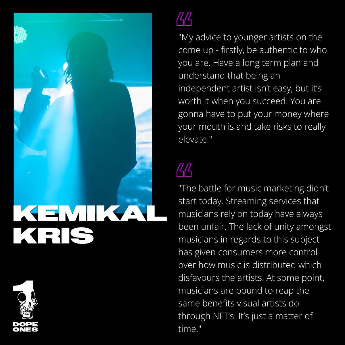 DopeOnesNFT's tweet photo. Kemikal Kris is an independent Hong Kong based hip-hop artist and founder of MAMatoldme852 (one of Hong Kong’s leading hip-hop platforms). 

Music &amp; Insights by Kemikal Kris 

———————
Dope Artists Spotlight is our weekly feature on rising music talents.✨

#nft https://t.co/LTgZN5kb5t