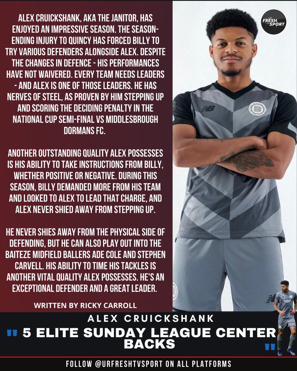 urfreshtv_sport's tweet photo. 5 ELITE SUNDAY LEAGUE CENTER BACKS‼️ written by @CFC_RICK_1985 🤝

Lets start with national cup winner @A_Crooks8 from @BaitezeSquad 

1) ALEX CRUICKSHANK https://t.co/JG0wngxjbN