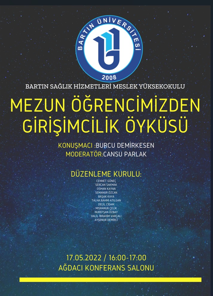 Yüksekokulumuz Ogr. Gör. Cansu PARLAK Hocamizin moderatörlüğünde "Mezun öğrencimizden Girişimcilik Öyküsü" Etkinliğimize davetlisiniz 🍀
@bartinedu <a href="/uzun_orhan/">ORHAN UZUN</a> <a href="/Sevim_Celik67/">Prof. Dr. Sevim Çelik</a> <a href="/haceryalnz1/">Hacer Yalnız Dilcen</a> @BUOgrenciKonsey <a href="/bartinkariyer/">Bartın Üniversitesi Kariyer Merkezi</a>