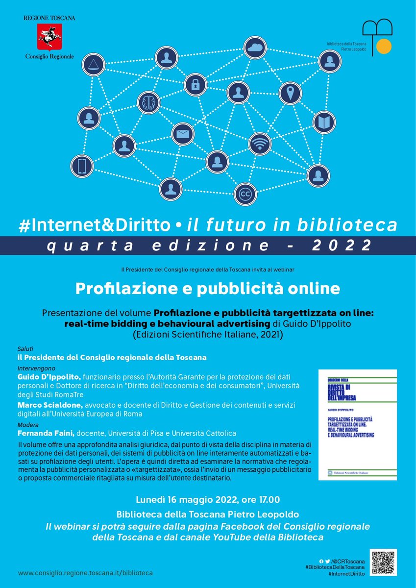 fernandafaini's tweet photo. Oggi ore 17.00 su facebook https://t.co/yM8bpT6xS5 o sul canale Youtube https://t.co/2tVyvDvggQ con @GUIDOdipp e @marcoscialdone su #profilazione #pubblicitàonline partendo dal libro di @GUIDOdipp!!! #InternetDiritto #BibliotecadellaToscana
Vi aspettiamo!
@CRToscana @mazzeo77 https://t.co/zgL4po5vsS