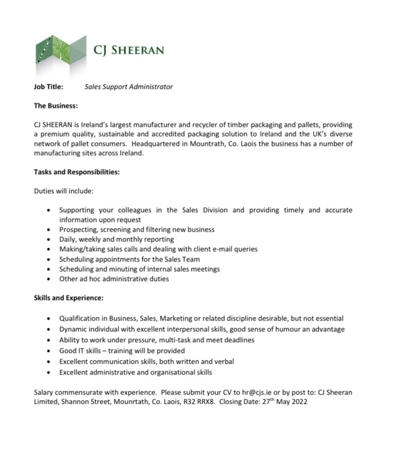 CjSheeran's tweet photo. 📯 WE'RE HIRING 📯 We have an opening for a Sales Support Administrator to join our team. Based in our new Sales Offices on the Limerick Road in Mountrath, this is a new position; full training will be provided. Apply to hr@cjs.ie. #careers #team #sales #growth #talenttree https://t.co/JNPiuNKsA1