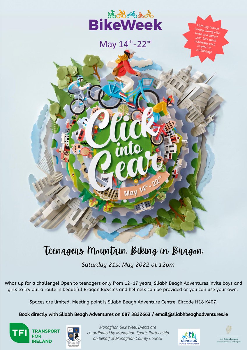 MonaghanCoCo's tweet photo. Who's up for a challenge?
Teenagers Mountain Biking in Bragon - Taking place this Saturday 21st May at 12pm π΄π
See details below and booking is essential!
Book with @sliabhbeaghadv 087 3822663 / email@sliabhbeaghadventures.ie
#BikeWeekMonaghan #ClickIntoGear
@TFIupdates https://t.co/igU8tQPDAx