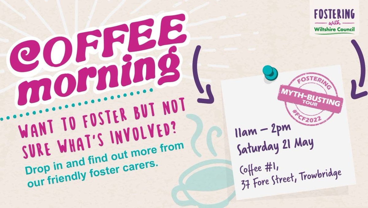 Want to foster but not sure what's involved?

Join <a href="/FosterWilts/">FosterWilts</a> drop-in coffee morning at Coffee #1, Trowbridge, on Saturday 21 May, 11am - 2pm and find out more about fostering from our friendly foster carers!

#WeAreWilts