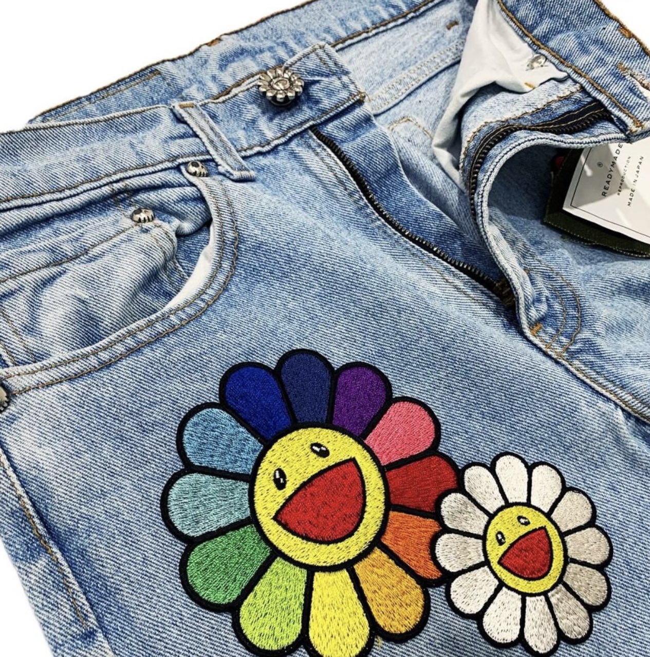 Takashi Murakami x READYMADE Flower Embroidery Jeans