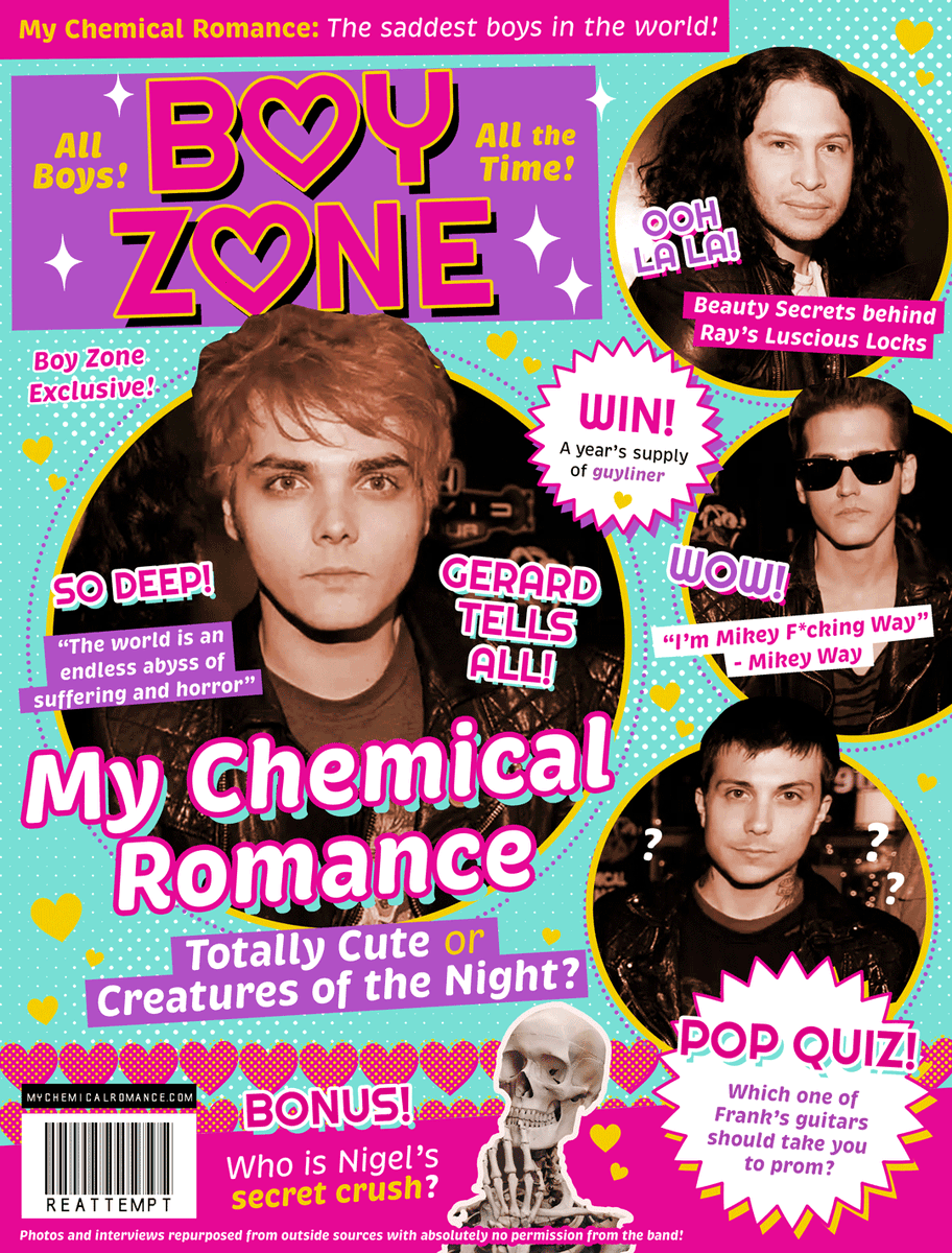 KerinCunningham's tweet image. Another one for the bucket list... Official tour merch for @MCROfficial. This design is a tribute to that weird time where you'd find MCR in the pages of Tiger Beat– What if MCR had their own special issue in a teen heartthrob magazine?