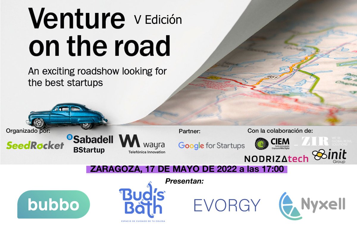 ¡Mañana es el día! #VentureOnTheRoad para en #ZIR. 
 <a href="/budsbath_es/">Bud's Bath</a> <a href="/bubboapp/">b.</a> <a href="/evorgy_es/">EVORGY</a> <a href="/nyxellapp/">NYXELL</a> son las #startups finalistas que presentarán sus proyectos. Nos vemos junto a <a href="/seedrocket/">SeedRocket</a> <a href="/BStartup/">BStartup</a> @WayraEs <a href="/GoogleStartupES/">Google for Startups - Spain</a> <a href="/CIEMZaragoza/">CIEMZaragoza</a> #ZIR <a href="/NODRIZA_tech/">NODRIZA tech</a> <a href="/Grupo_init/">Grupo Init</a>