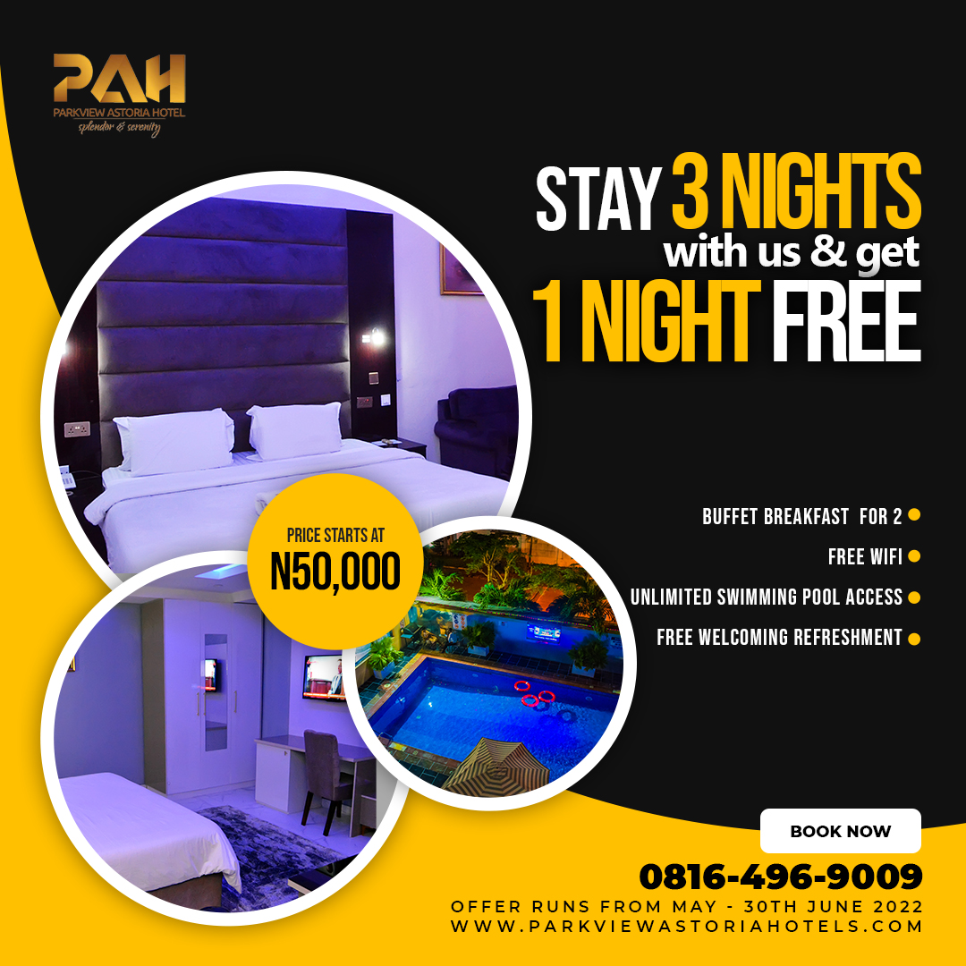 ParAstoriaHotel's tweet photo. Stay 3Nights with us &amp; get 1Night Free.
.
Buffet Breakfast for 2. 
Free WiFi. 
Unlimited access to the swimming pool.
Free welcoming refreshing.
.
Book via Whatsapp link in bio or book via our website.
#parkviewastoriahotel #hotelsinlagos #affordablehotelsinikoyi #lagosnigeria https://t.co/ChkPNU31Wf