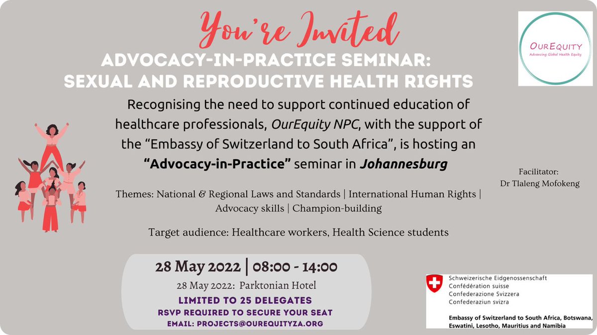 📣Feminists in healthcare, comms, law, art, research, kaofela!
We’re meeting at the Parktonian Hotel on 28 May for the Advocacy-in-Practice seminar on Sexual and Reproductive Health Rights.

Secure your spot here: 
bit.ly/3wqPYi5