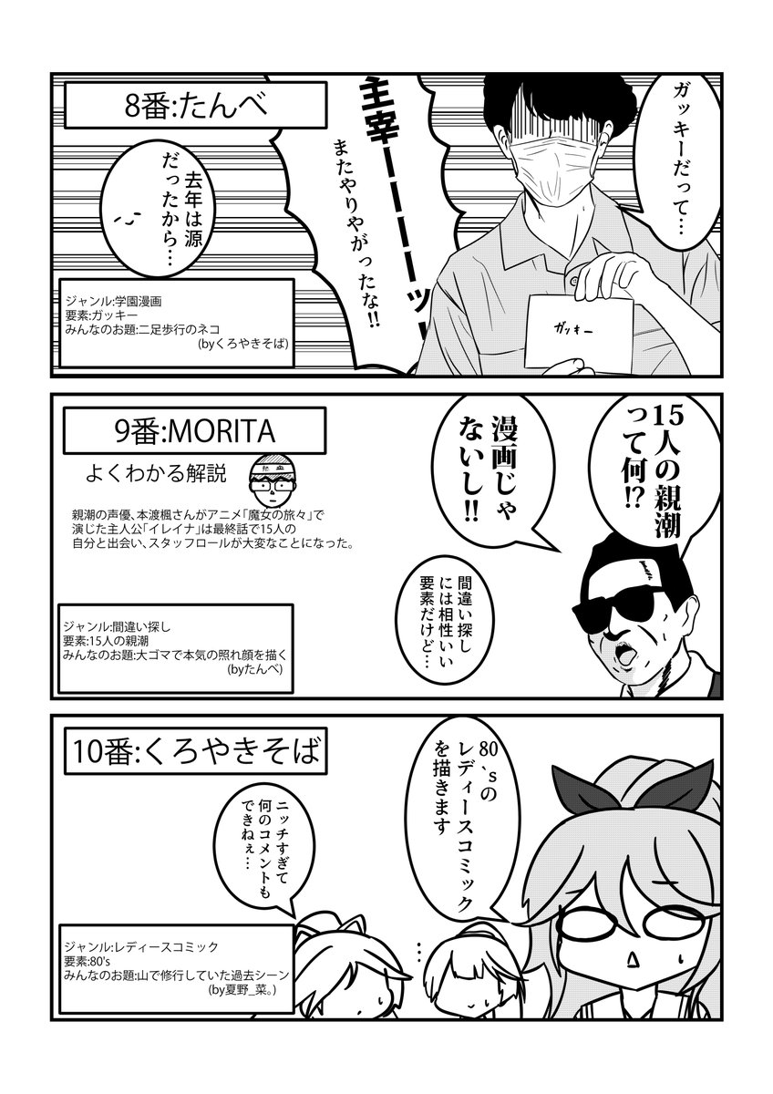 (8)前回も参加した
たんべ(@tanbewatanbe )さんとMORITA(@moritaku0708 )さんとくろやきそば(@yakisobataberyu )さんはかなりニッチなお題です。
ガッキーを一体どう料理するのか。
そしてついに漫画じゃないのが出てしまいました。
80年代にレディースコミックはなかったのでどうするのか!?