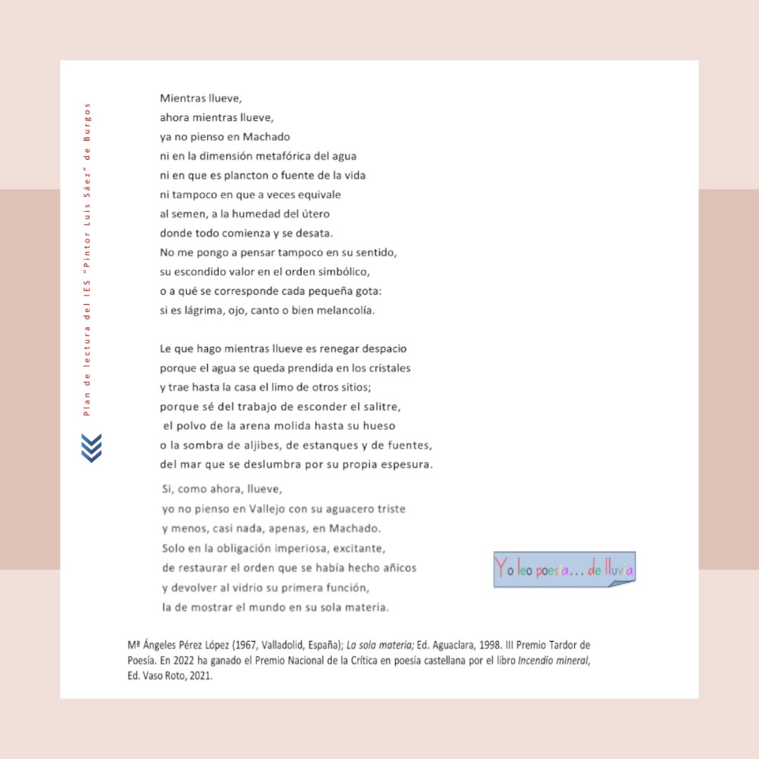 El poema de hoy es de la vallisoletana Mª Ángeles Pérez López 😉
Extraído de uno de sus primeros libros, La sola materia (Ed. Aguaclara, 1998), describe con detalle lo que siente ante circunstancias cotidianas, ante los objetos que la rodean💞

A disfrutar de la lectura 
#poemas