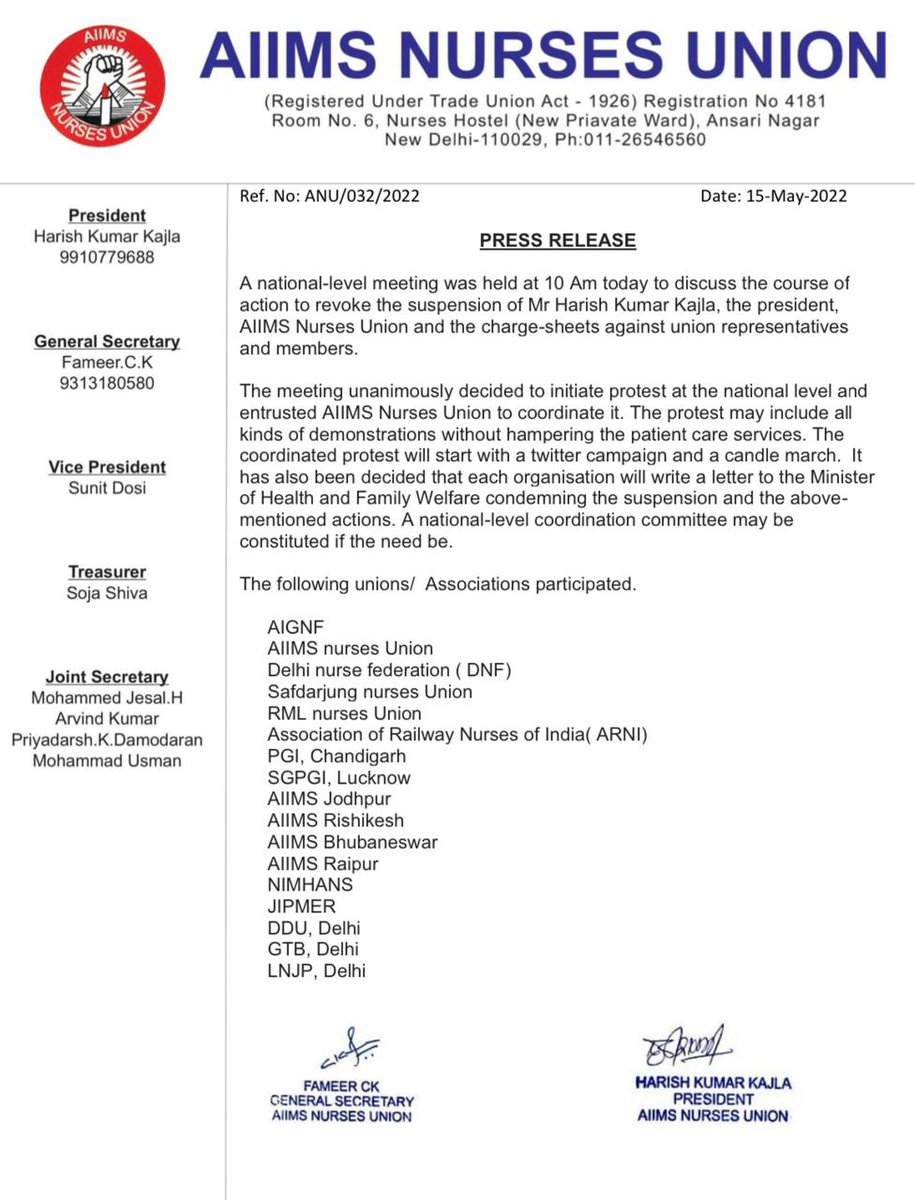 nsgunionaiims's tweet photo. A press release of National meeting of various Nursing organisations on the issue of suspension of Mr. Harish kumar Kajla, President, AIIMS Nurses Union and the charge- sheets against the union representatives and members.
@PMOIndia 
@mansukhmandviya https://t.co/cXIpy7vOqu