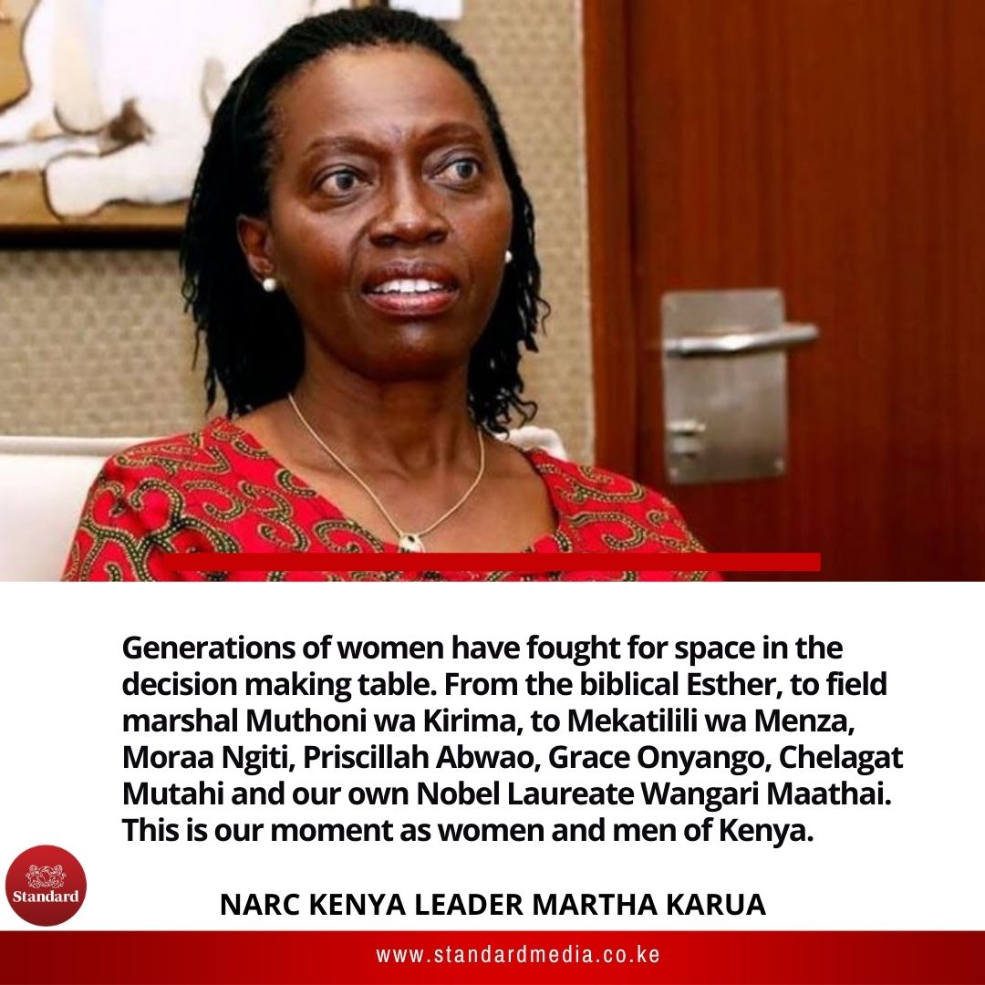 StandardKenya's tweet photo. Generations of women have fought for space in the decision making table. From the biblical Esther, Muthoni wa Kirima, Mekatilili, Moraa Ngiti, Priscillah Abwao, Grace Onyango, Chelagat Mutahi and Wangari Maathai. This is our moment as women and men of Kenya.

#RailasRunningMate https://t.co/rp6Vt5rTpn