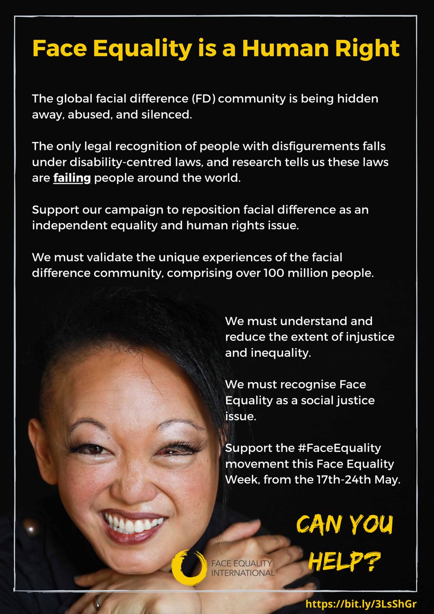 myCBSC's tweet image. Tomorrow begins Face Equality Week! 📣 17th-24th May 2022 marks #IFEW2022 

This year's theme is 'Face Equality is a Human Right'.

Here's a reminder of what #FaceEquality means bit.ly/36Y597Y

Sign up here for email updates &amp;amp; ways to get involved.bit.ly/3860ZeI